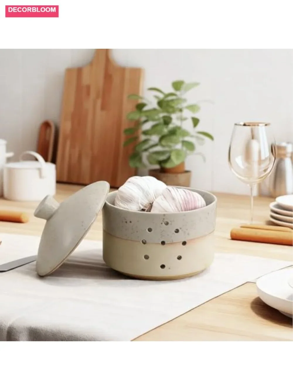 Large Ceramic Garlic Keeper with Lid & Holes, 4